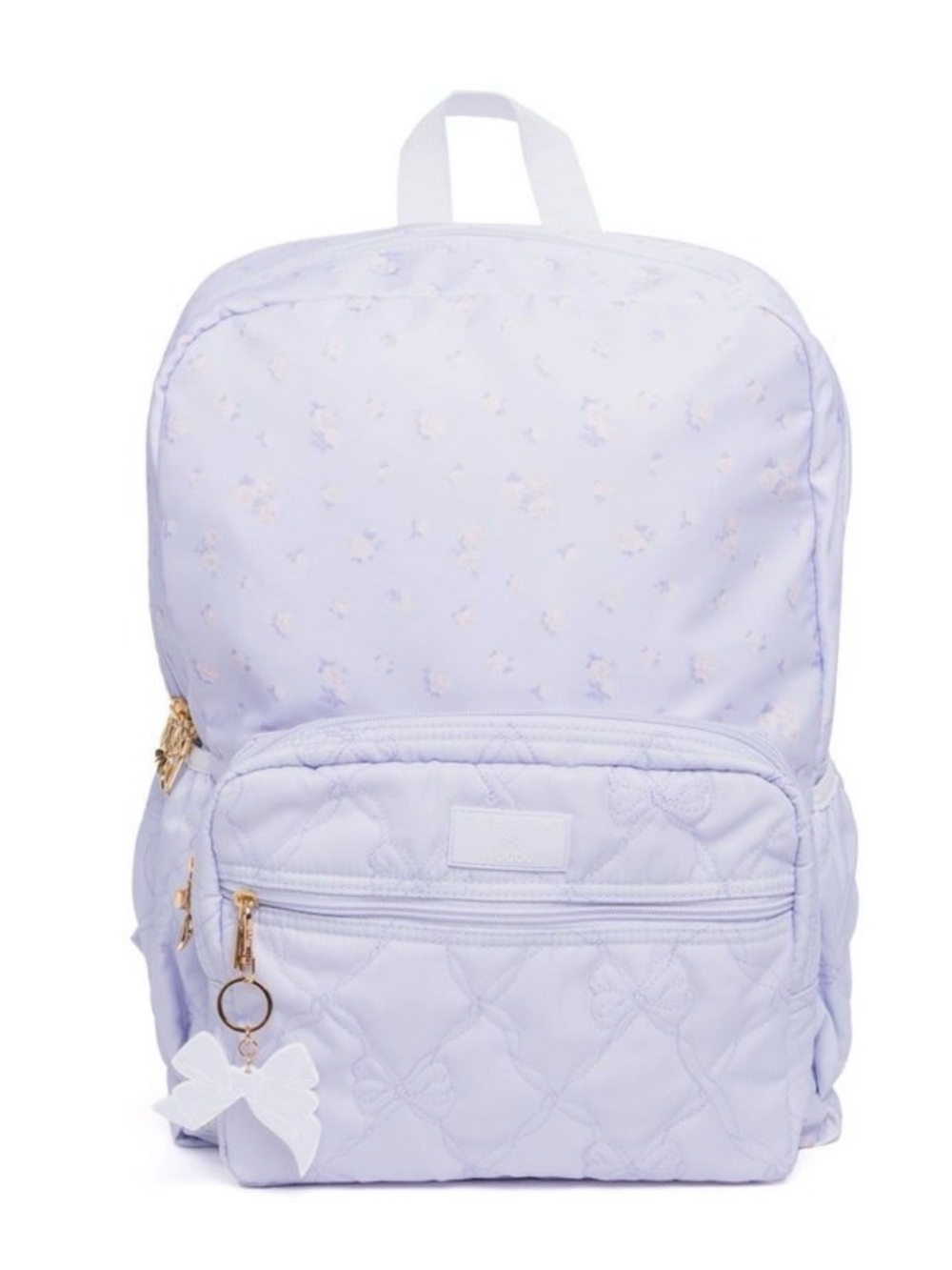 LoveShackFancy Light Blue Quilted Bow Kids Backpack with Gold Accents